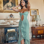 Damen Elegantes Maxikleid mit Rüschendetails und leicht transparentem Stoff R&B