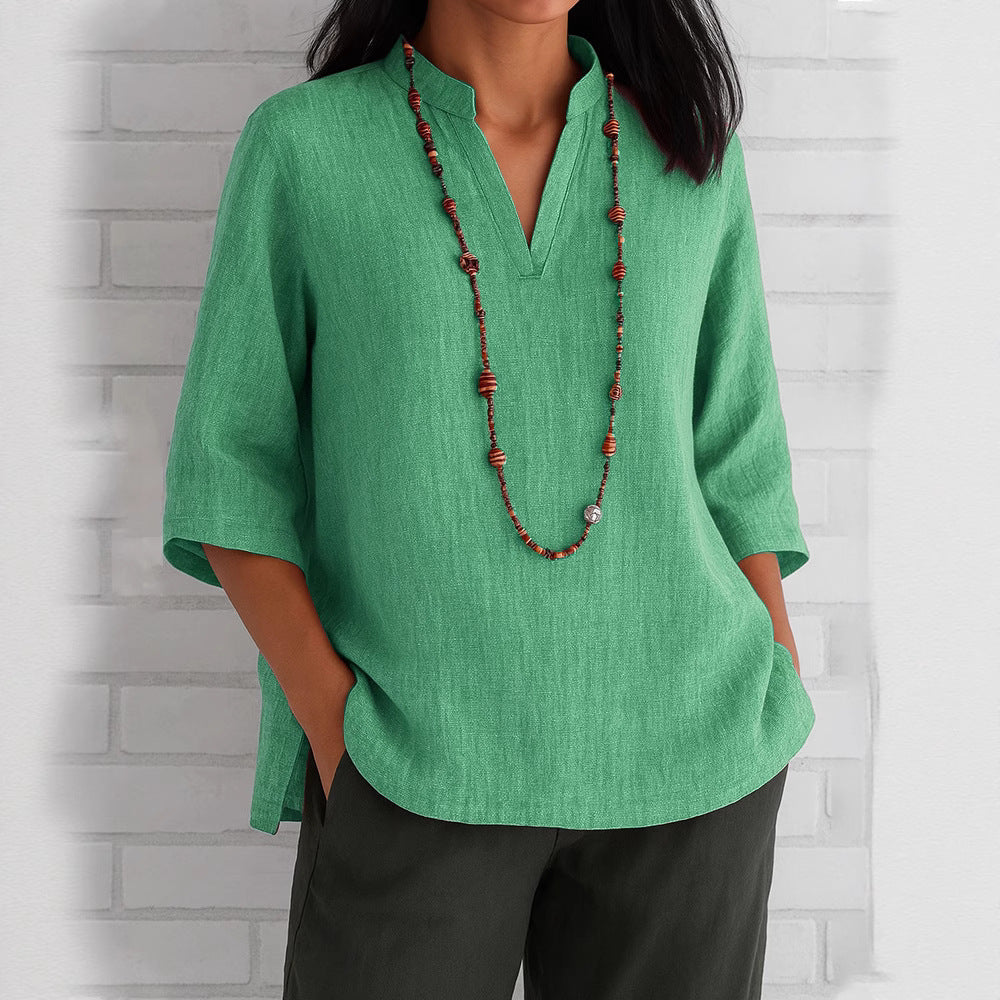 Damen lässige Bluse mit V-Ausschnitt und seitlichen Taschen