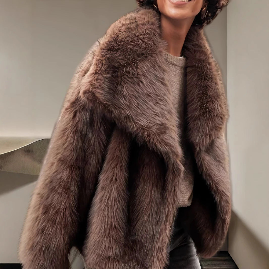 Damen Luxuriöse Kunstpelzjacke mit breitem Kragen R&B
