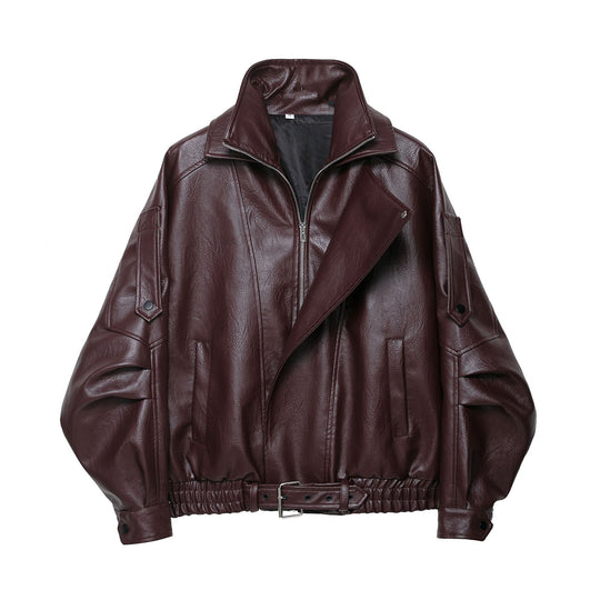 Damen modische Kunstlederjacke mit elegantem Schnitt und verstellbarem Taillengürtel R&B