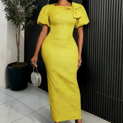 Damen elegantes Maxikleid mit voluminösen Puffärmeln und raffiniertem Schleifendetail R&B