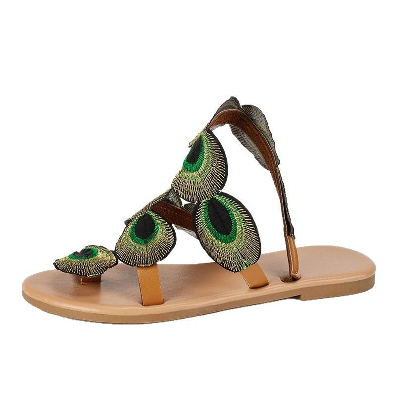 Damen bequeme Zehentrenner-Sandalen mit dekorativer Feder-Applikation R&B