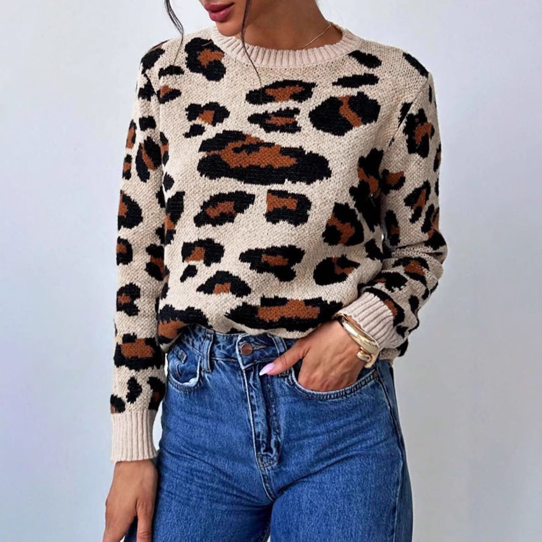 Damen kuscheliger Strickpullover mit Leopardenmuster und überschnittenen Schultern R&B