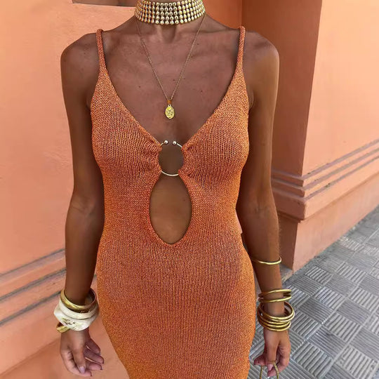Damen Maxikleid mit Schlüssel-Ausschnitt und schmalem Schnitt R&B
