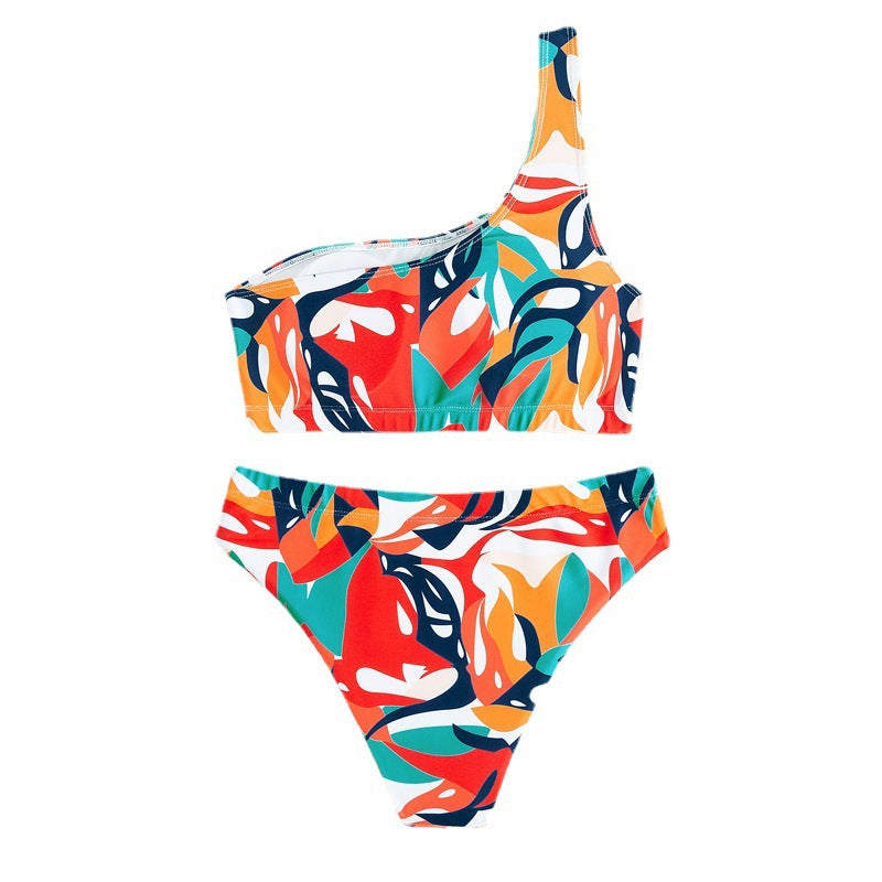 Damen Einseitiger Bikini mit geometrischem Muster und hoch geschnittenem Slip R&B