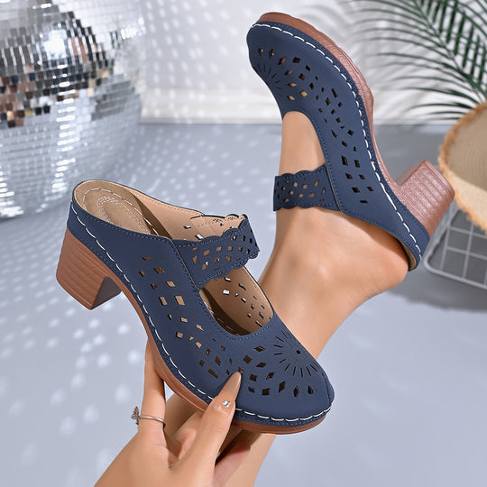 Damen Offene Blockabsatz-Pantoletten mit dekorativem Lochdesign R&B