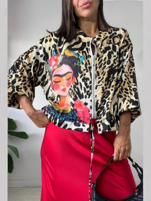 Damen entspannte Bomberjacke mit extravagantem Leoparden-Motiv R&B
