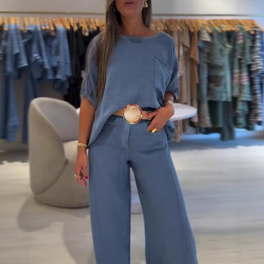 Damen nan lässiges Leinenmix-Zweiteiler mit kastigem Oversize-Top, aufgesetzter Brusttasche und weitem Palazzo-Hosenbein R&B