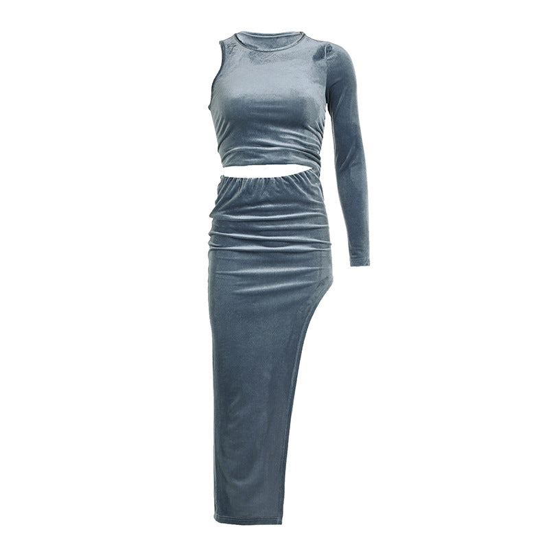 Damen elegantes, figurbetontes Maxikleid mit asymmetrischem Saum und langen Ärmeln R&B