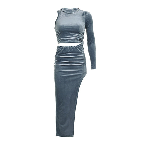 Damen elegantes, figurbetontes Maxikleid mit asymmetrischem Saum und langen Ärmeln R&B