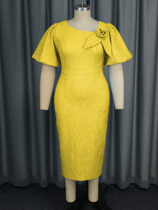 Damen elegantes Etuikleid mit fließenden Puffärmeln und Blumenapplikation R&B