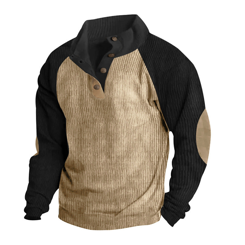 Herren nan thermischer Cordpullover mit Knopfleiste Stehkragen Raglanärmeln und Ellenbogenaufnähern R&B