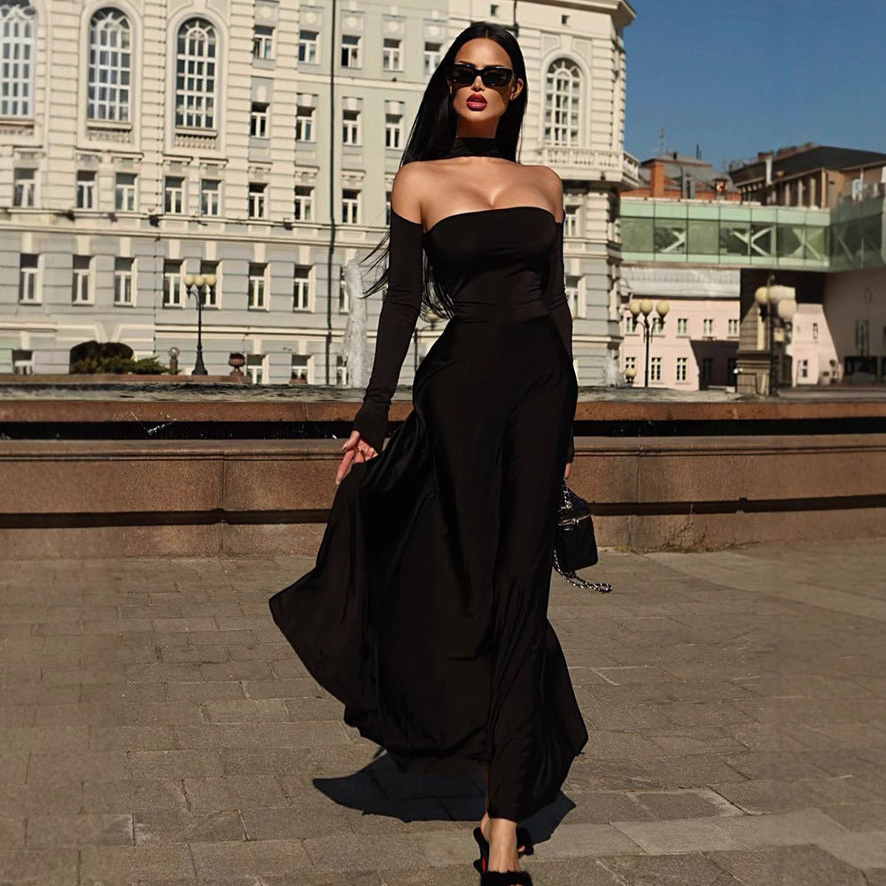 Damen Elegantes Off-Shoulder Maxikleid mit raffinierten langen Ärmeln R&B