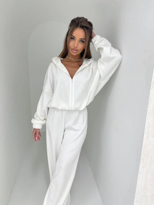 Damen Loungewear-Anzug aus weichem Fleece mit Kapuze und weitem Schnitt R&B