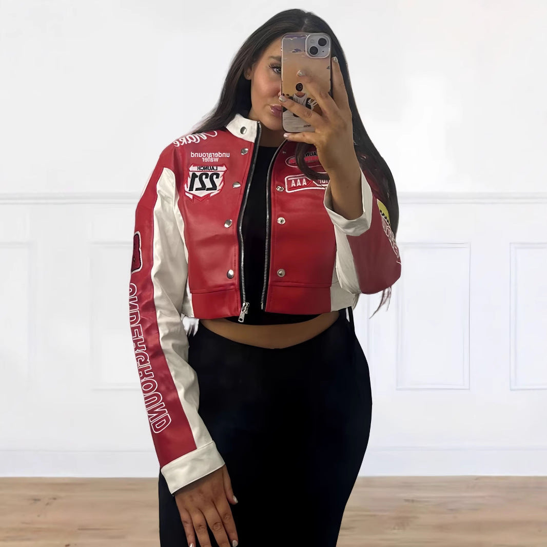 Damen trendige cropped Bikerjacke mit sportlichen Patches R&B