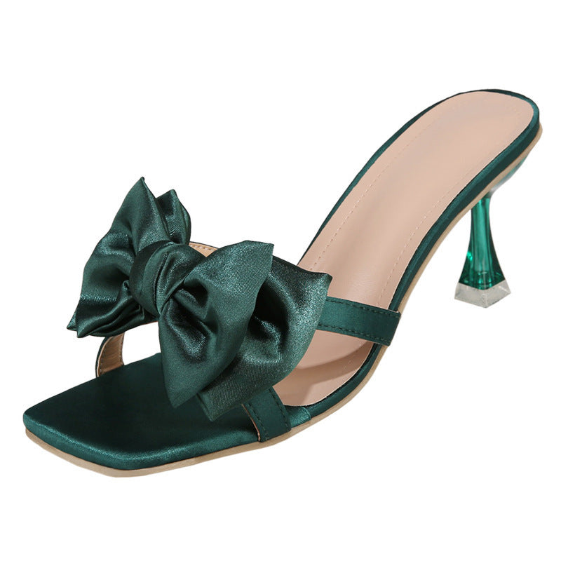 Damen elegante Sling-Sandalen mit glänzenden Schleifen und transparentem Absatz R&B