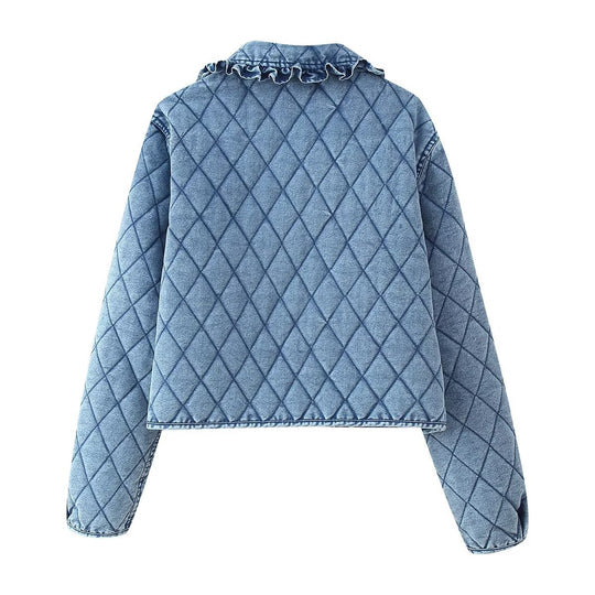 Damen gesteppte Denim-Jacke mit fransigem Kragen R&B