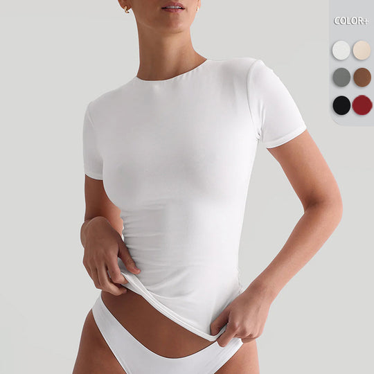 Damen figurbetontes T-Shirt mit Rundhalsausschnitt und kurzem Arm R&B