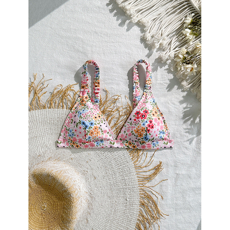 Damen Triangel-Bikinioberteil mit verspieltem Blumenmuster und verstellbaren Trägern R&B