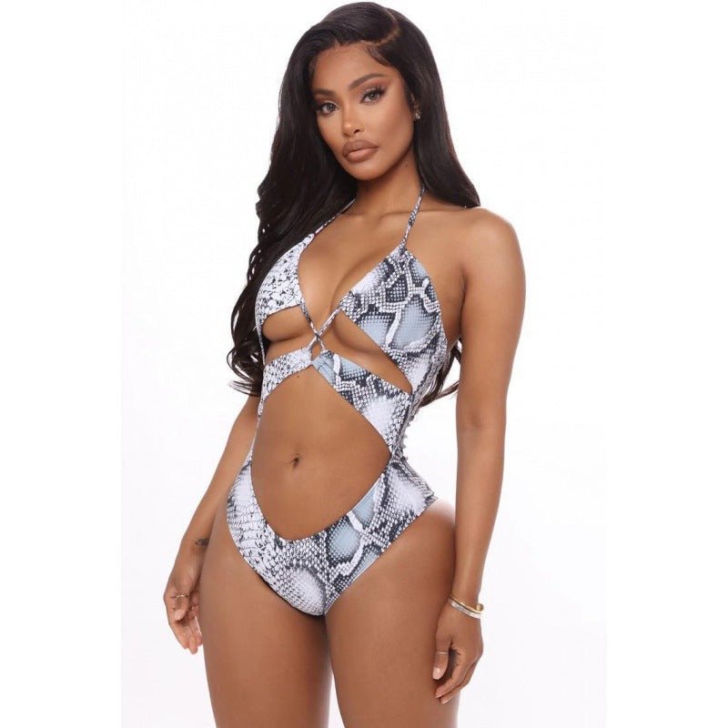 Damen Einteiler Badeanzug mit aufregendem Schlangenprint und modischen Cut-Outs R&B