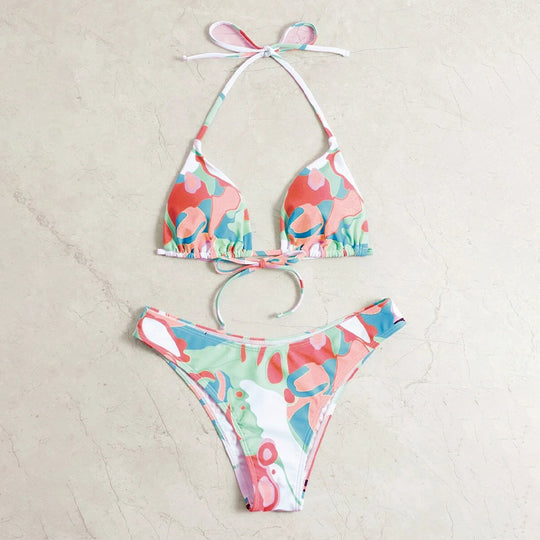 Damen Triangel-Bikini mit verspieltem Muster und verstellbaren Trägern R&B