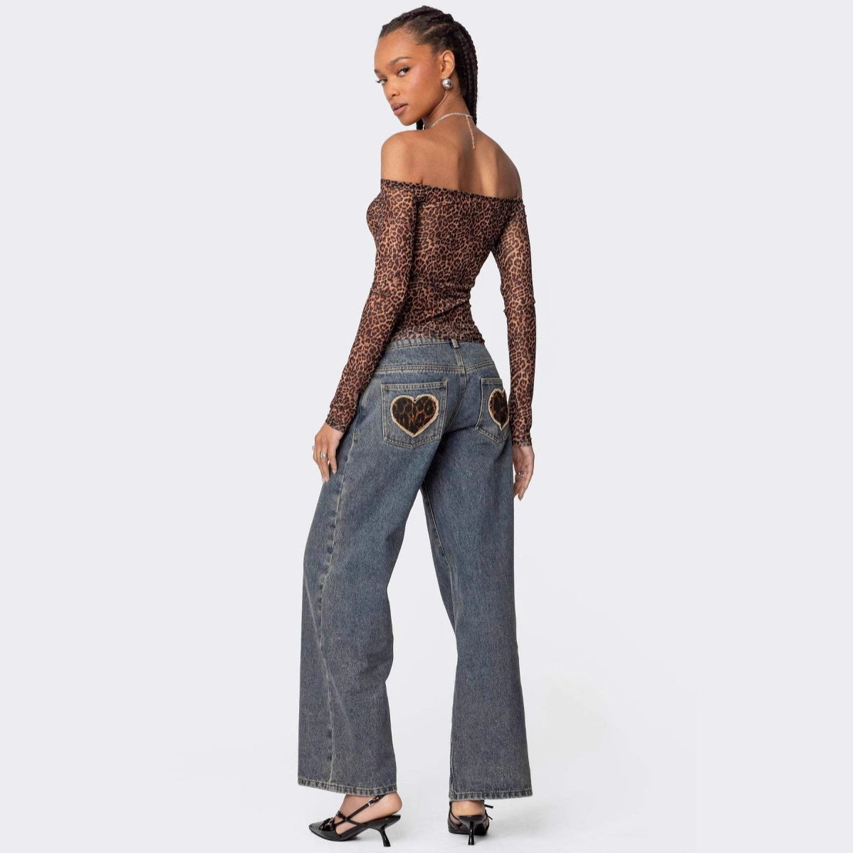 Damen figurbetontes Langarmshirt mit Leopardenmuster und Off-Shoulder