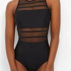 Damen Einteiler Badeanzug mit transparenten Mesh-Einsätzen R&B