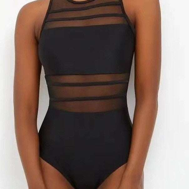 Damen Einteiler Badeanzug mit transparenten Mesh-Einsätzen R&B