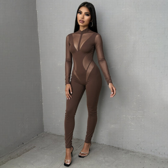 Damen Eleganter Catsuit mit transparenten Einsätzen und hohem Kragen R&B