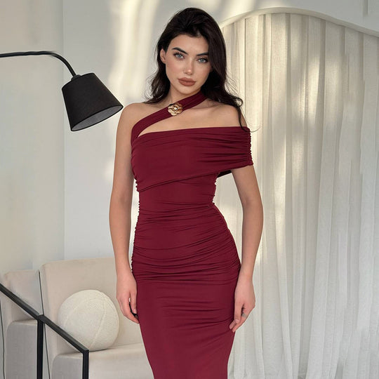 Damen Elegantes Rüschen-Maxikleid mit asymmetrischem Träger R&B