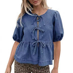 Damen Modische Jeansbluse mit dekorativen Schleifendetails und voluminösen Ärmeln R&B