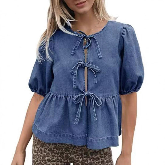 Damen Modische Jeansbluse mit dekorativen Schleifendetails und voluminösen Ärmeln R&B