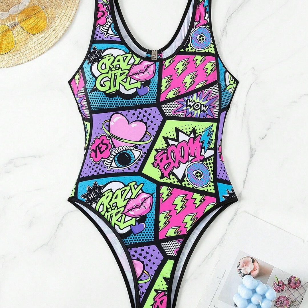 Damen Sportlicher Einteiler mit buntem Comic-Muster R&B