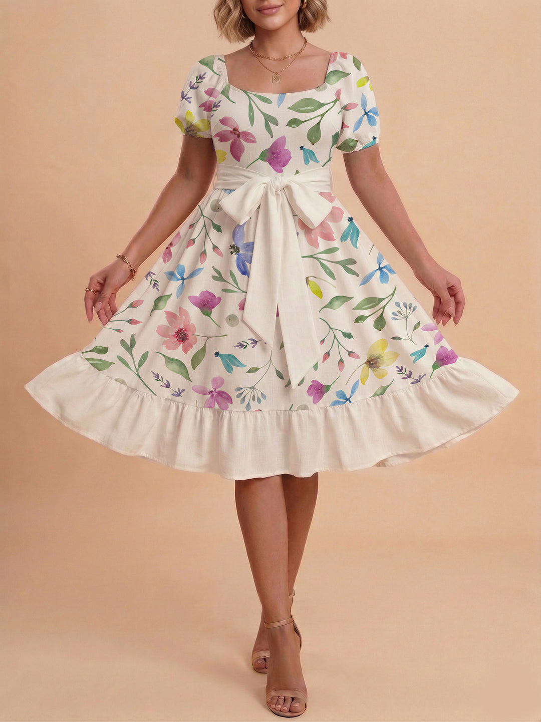 Damen Blumenkleid mit taillierbarem Gürtel und voluminösen Ärmeln R&B