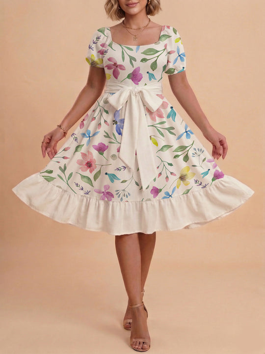 Damen Blumenkleid mit taillierbarem Gürtel und voluminösen Ärmeln R&B