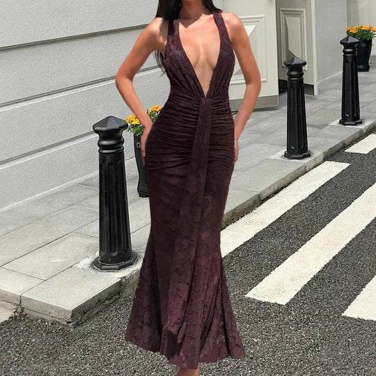 Damen Elegantes Maxikleid mit raffinierten Drapierungen und tiefem V-Ausschnitt R&B