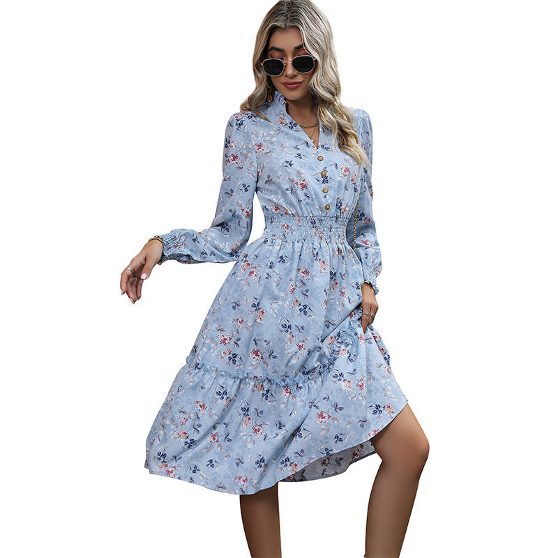 Damen Midi-Kleid mit floralen Rüschen und elegantem Stehkragen R&B