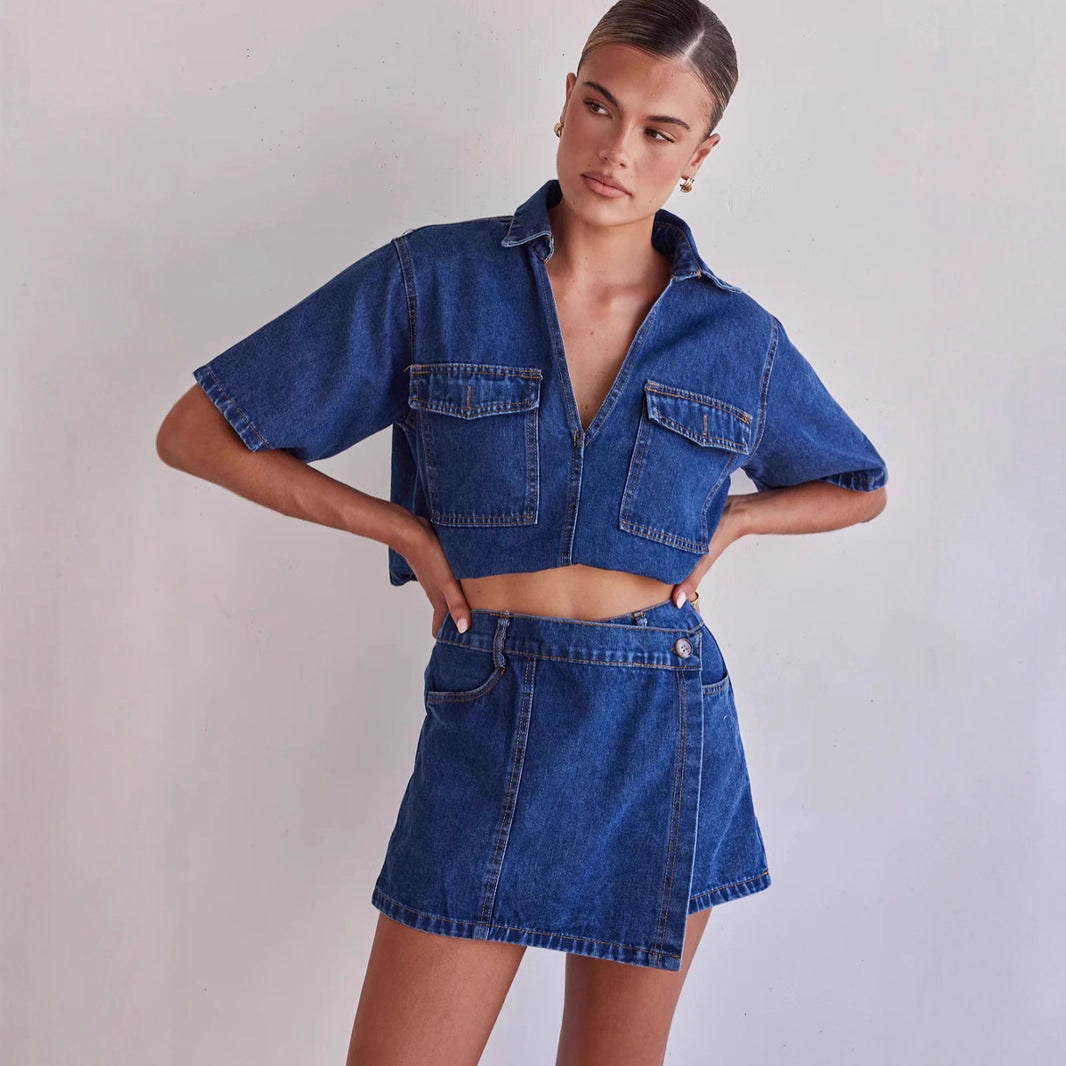 Damen Denim-Crop-Hemd mit aufgesetzten Taschen und passendem Rock R&B