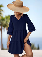 Damen Kurzarm Kleid mit voluminösen Rüschensäumen und schickem V-Ausschnitt R&B