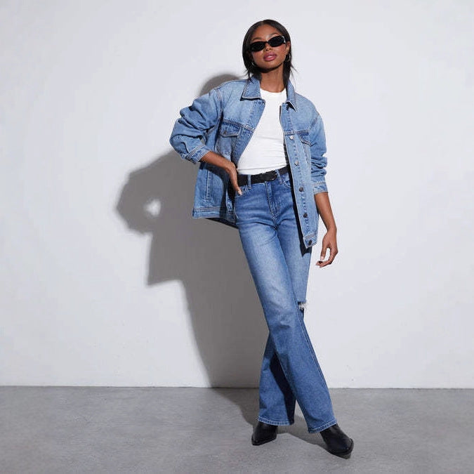 Damen Oversized Denimjacke mit lässigem Schnitt und Logo-Details R&B