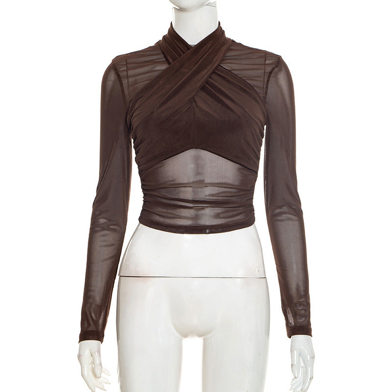 Damen Elegantes Wickeloberteil mit transparentem Stoff und langen Ärmeln R&B