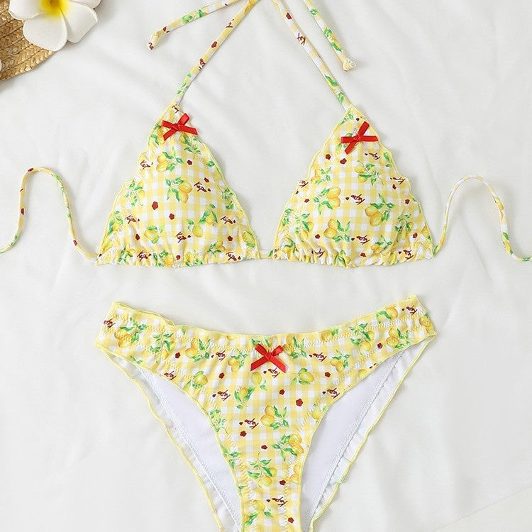 Damen Triangel-Bikini mit floralem Muster und Rüschendetails R&B