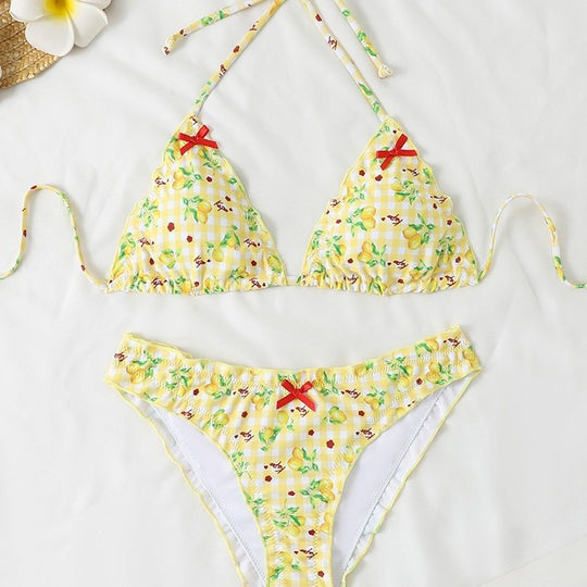 Damen Triangel-Bikini mit floralem Muster und Rüschendetails R&B