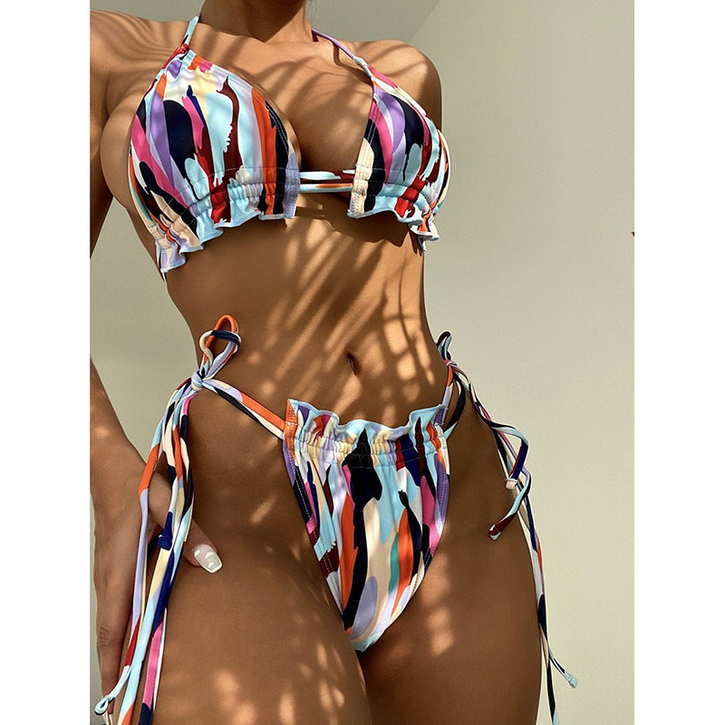 Damen Triangel-Bikini mit doppeltem Rüschendesign und verstellbarem BindR&Band R&B