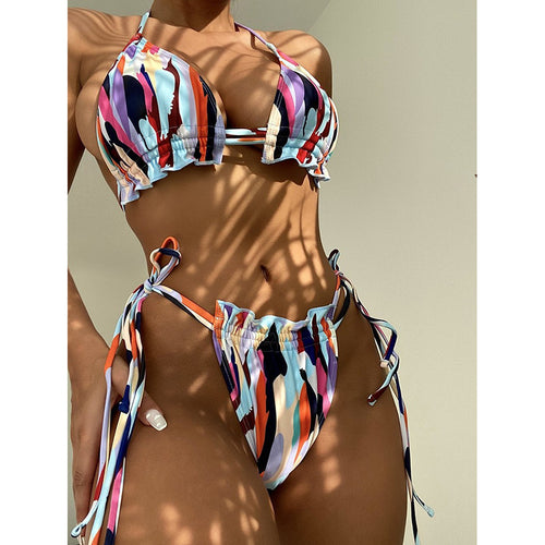 Damen Triangel-Bikini mit doppeltem Rüschendesign und verstellbarem Bindeband R&B