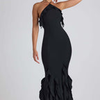 Damen Exklusives Maxikleid mit asymmetrischem Rüschenverlauf und elegantem Schnitt R&B