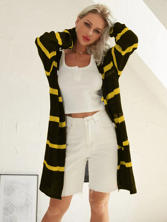 Damen lässige Strickjacke mit gestreiftem Design und offenem Schnitt R&B