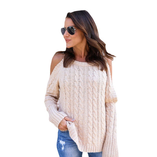 Damen Strickpullover mit offenen Schultern und Zopfmuster R&B
