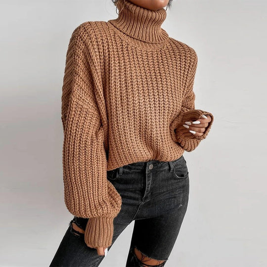 Damen Grob gestrickter Pullover mit hohem Kragen und weit ausgestellten Ärmeln R&B