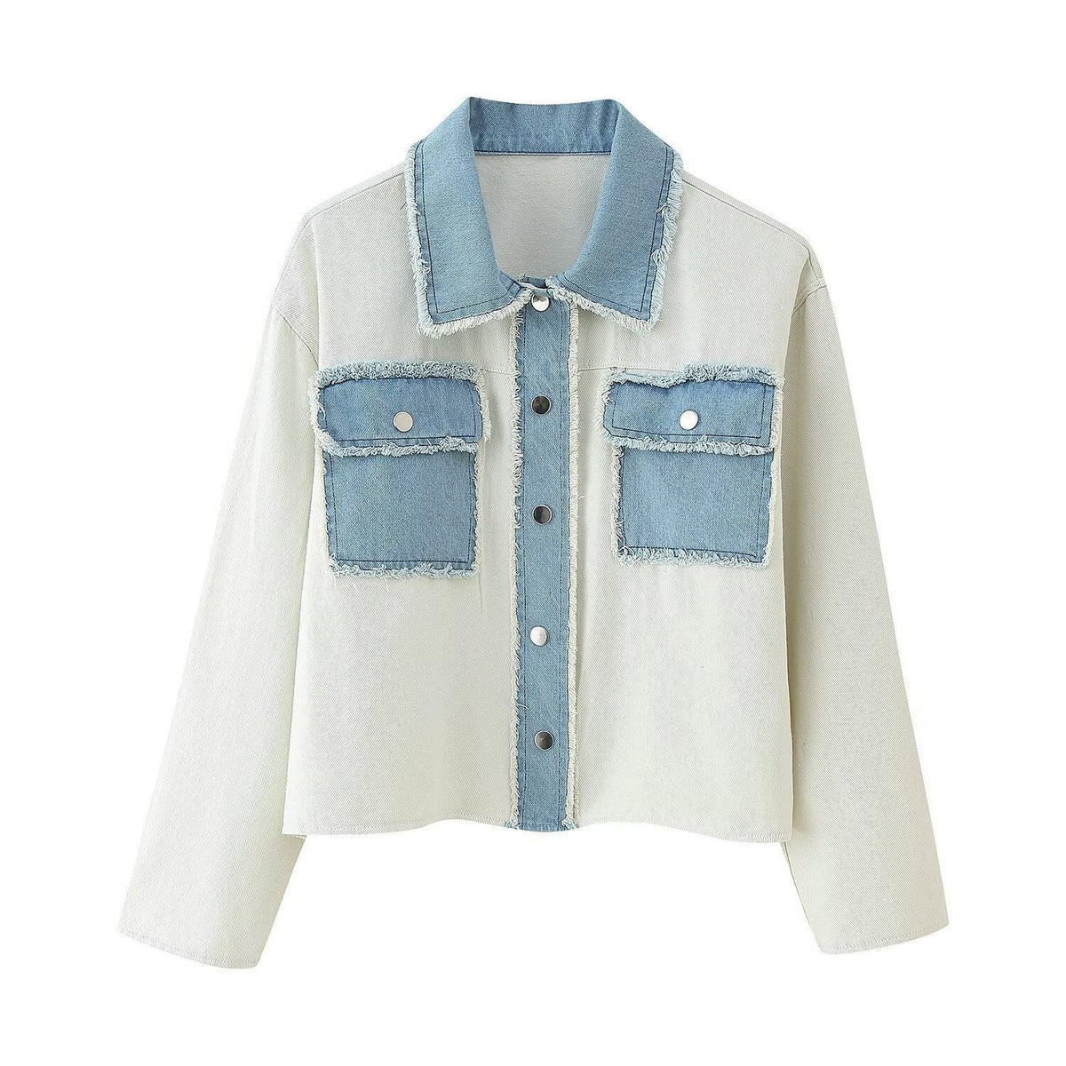 Damen cropped Denimjacke mit kontrastierenden Taschen und fransigem Saum R&B